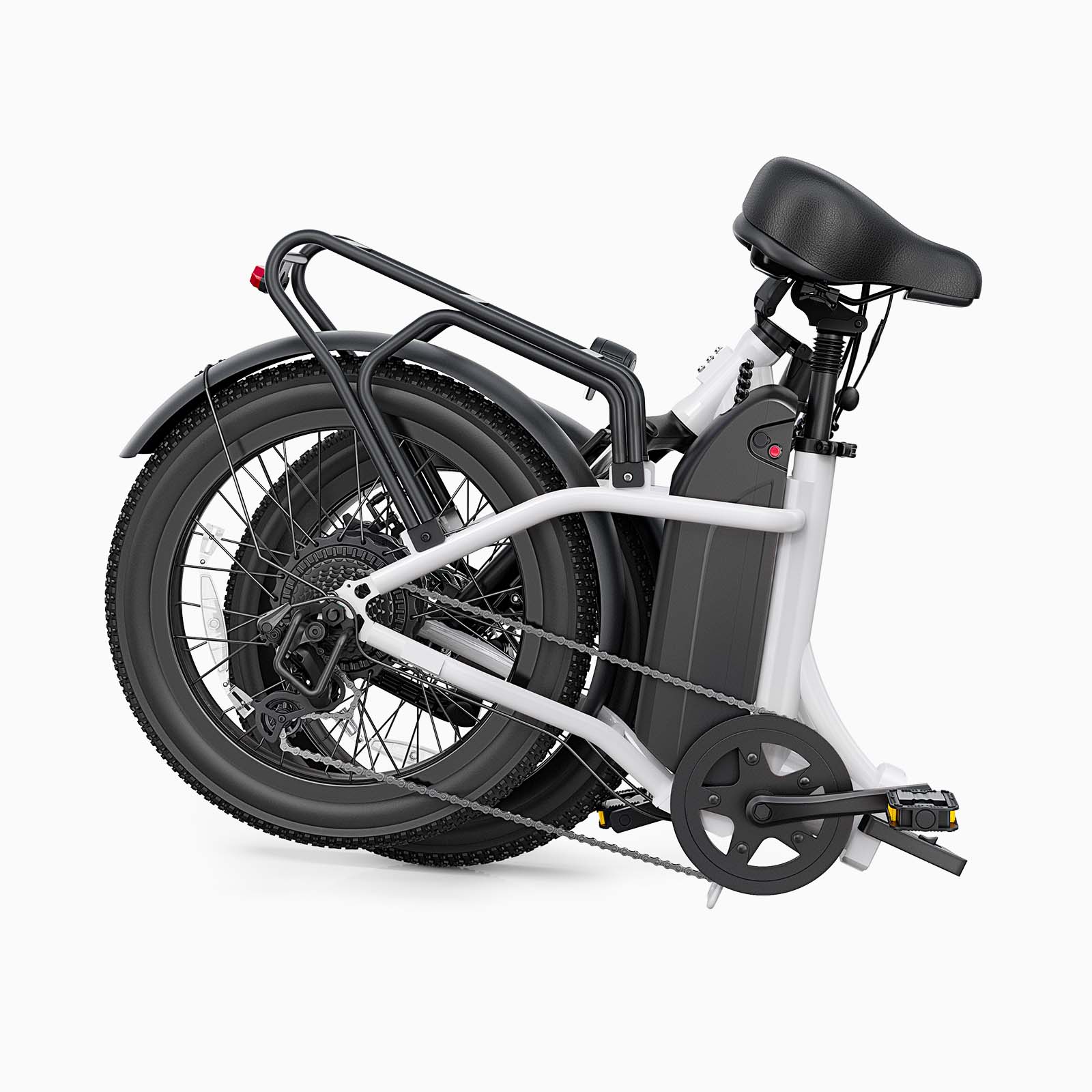 White C9 foldable electric bike with black frame and accessories on a white background