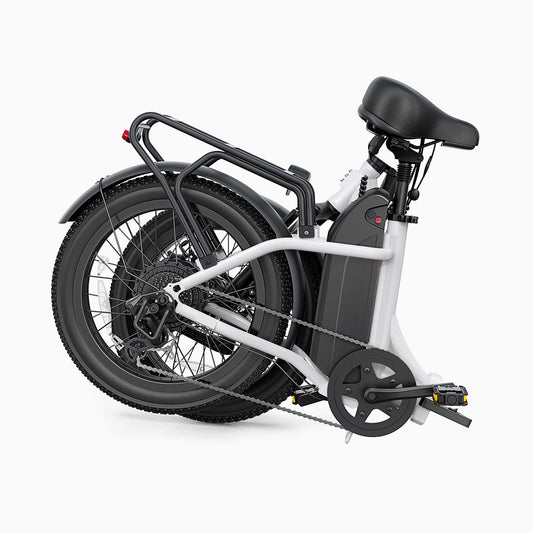 White C9 foldable electric bike with black frame and accessories on a white background