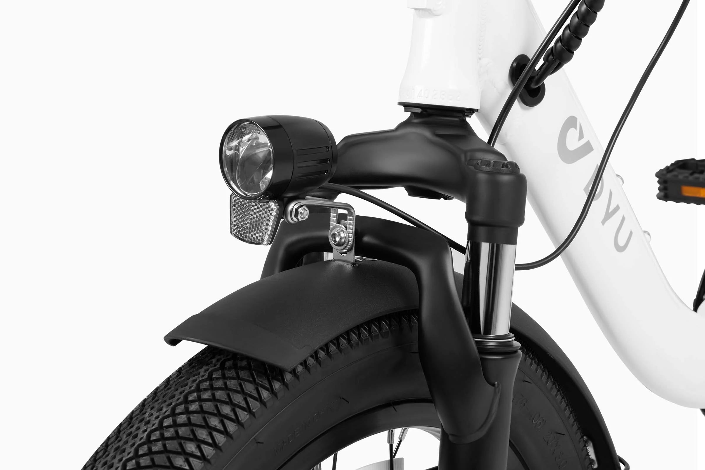 Close-up of a C9 foldable electric bike headlight and front wheel on a white background
