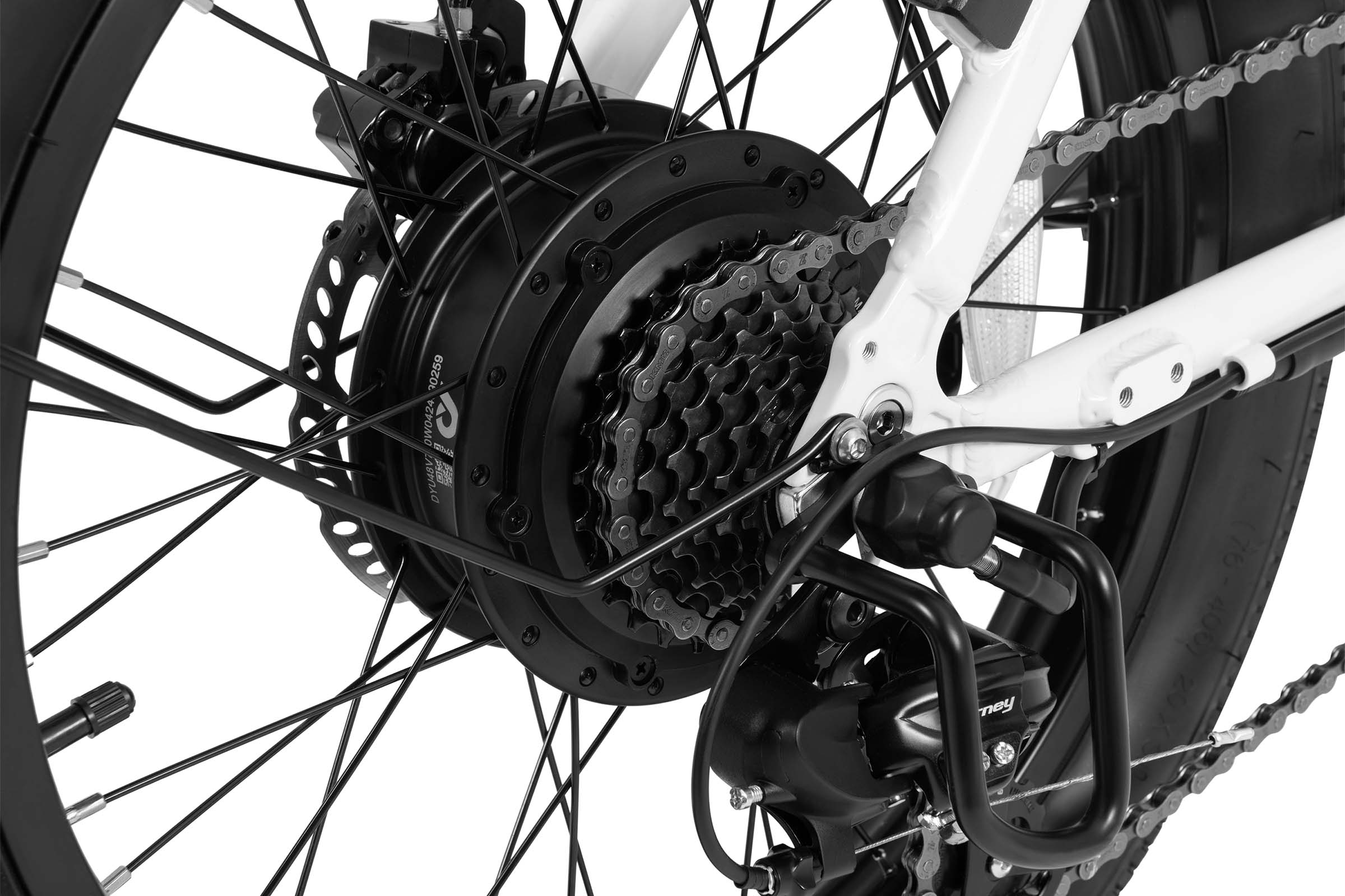 Close-up of a C9 foldable electric bike's gear system with a white background