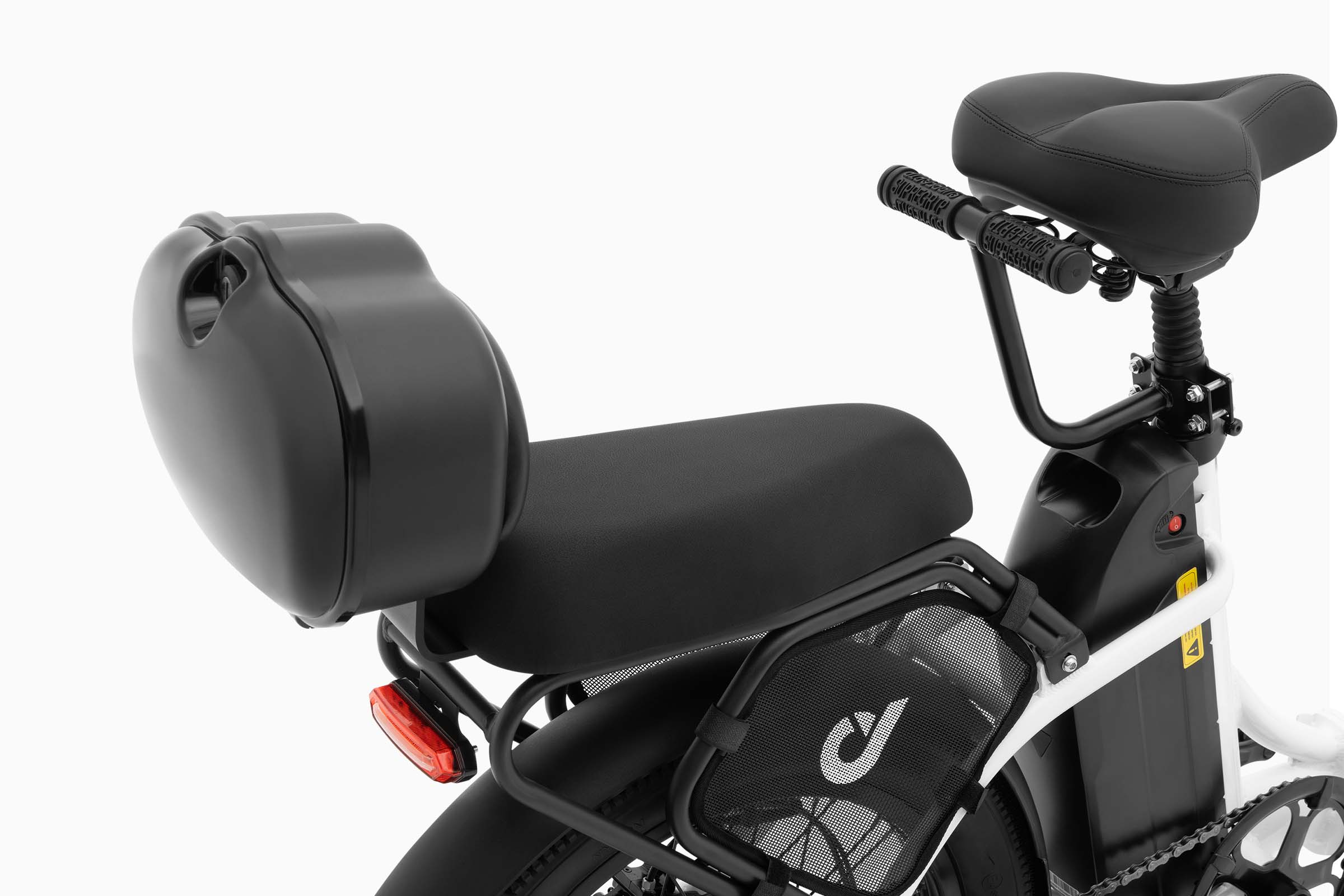 Black C9 foldable electric bike with a rear storage compartment on a white background