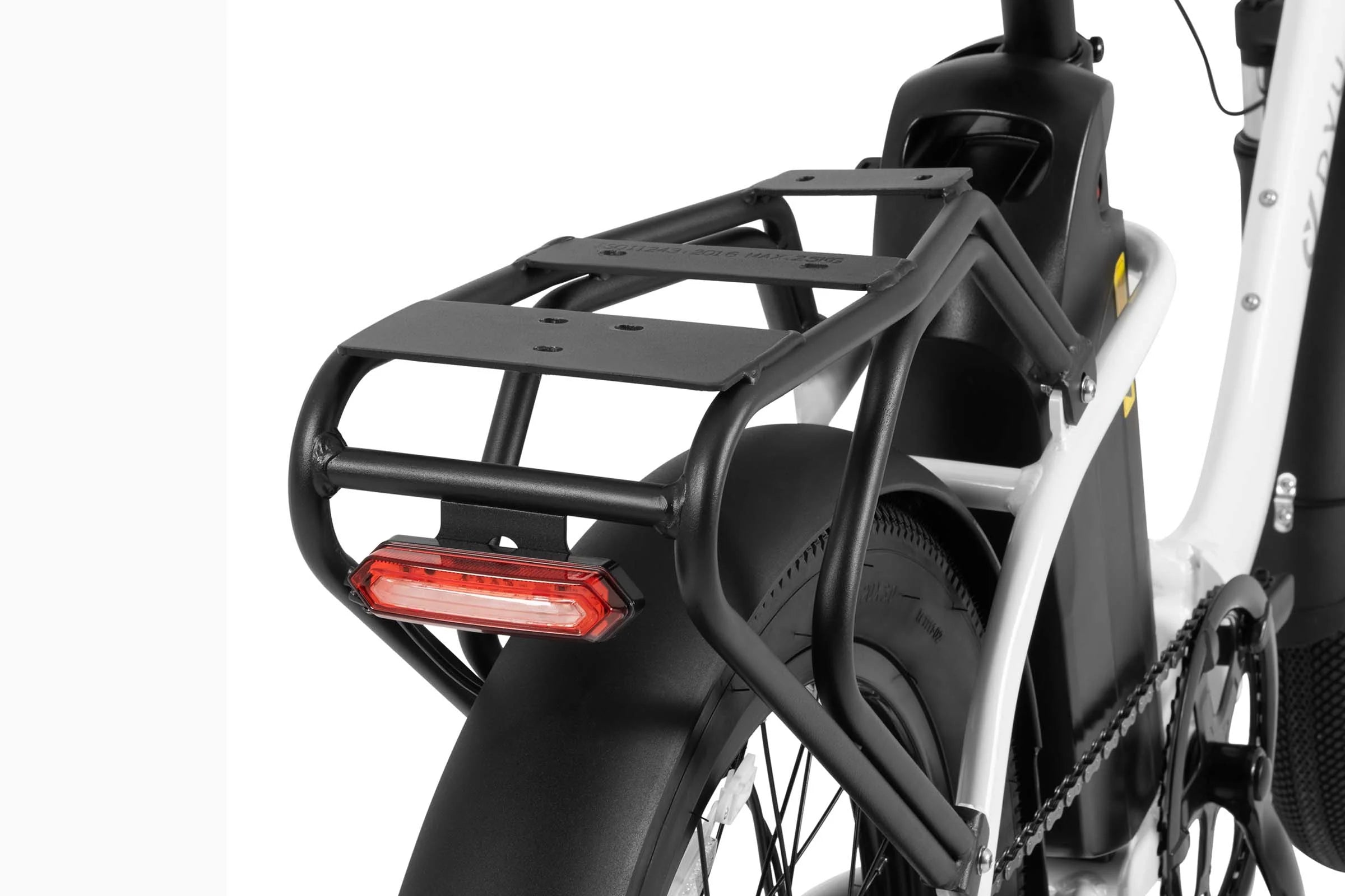 DYU C9 electric bike with a black rear rack on a white background