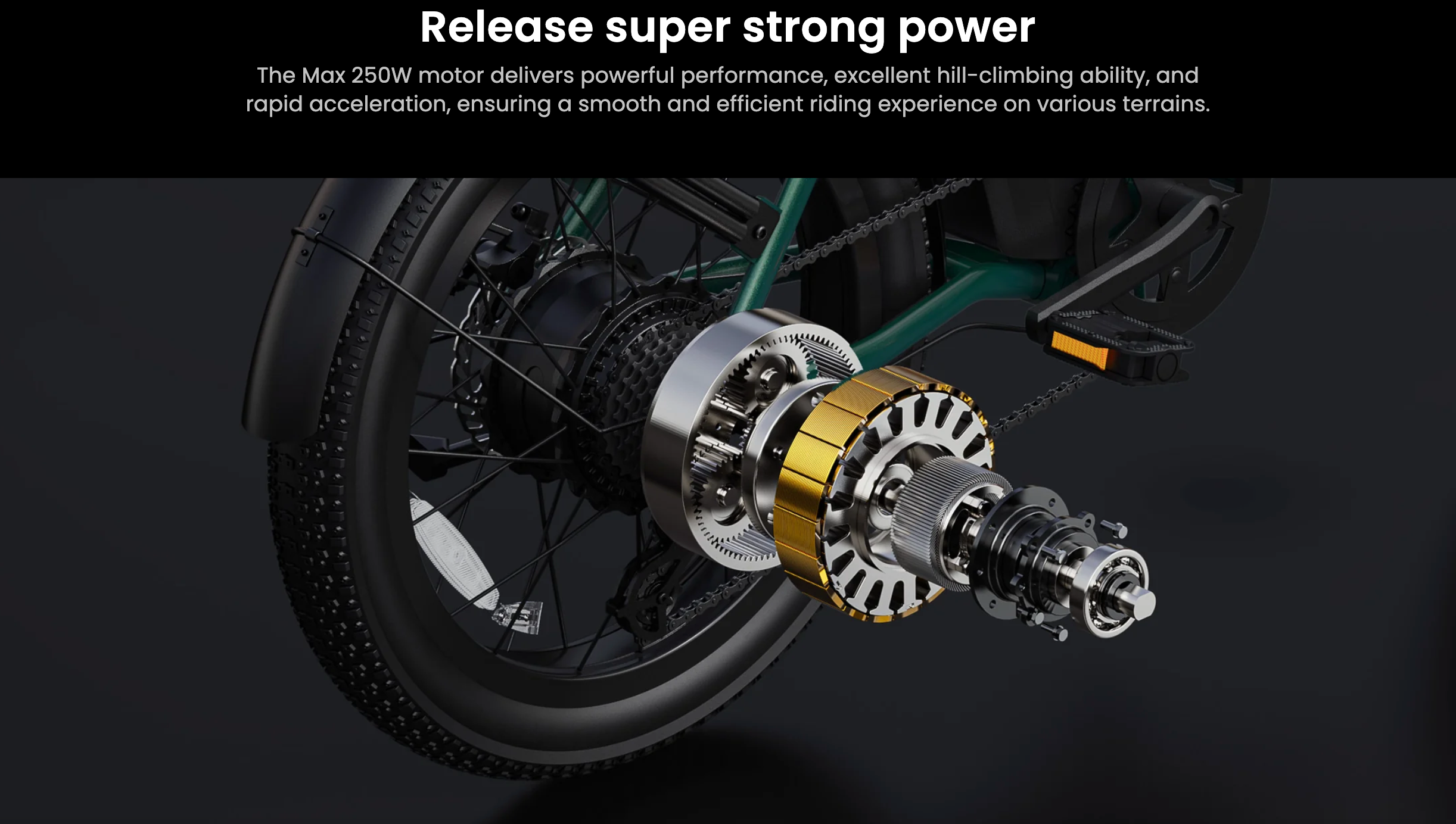 DYU C9 electric bike wheel with gear system on a black background, highlighting power delivery.