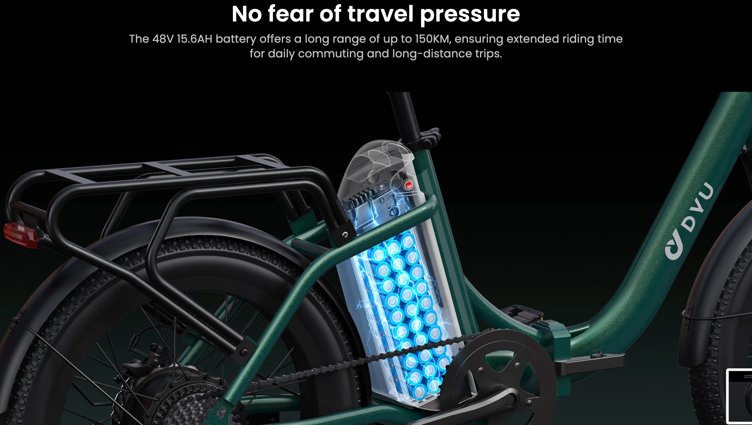 Green DYU C9 electric bike  with a battery pack on a black background