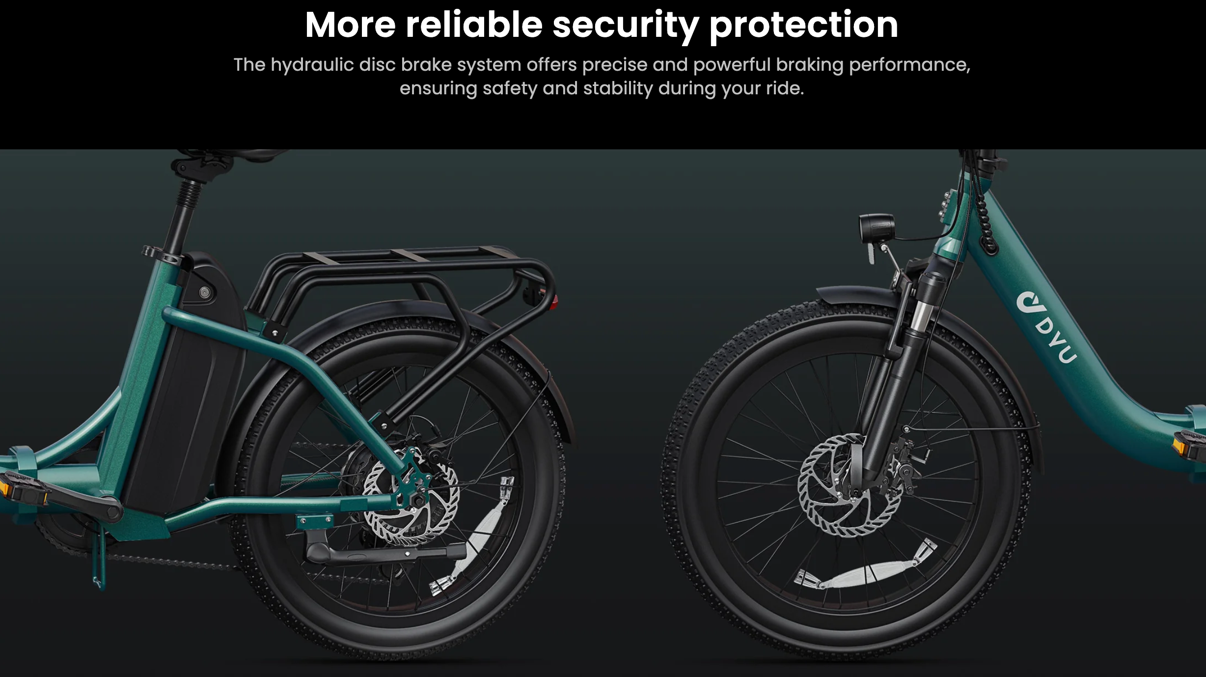 Two DYU C9 electric bikes with a focus on the hydraulic disc brake system on a dark background.