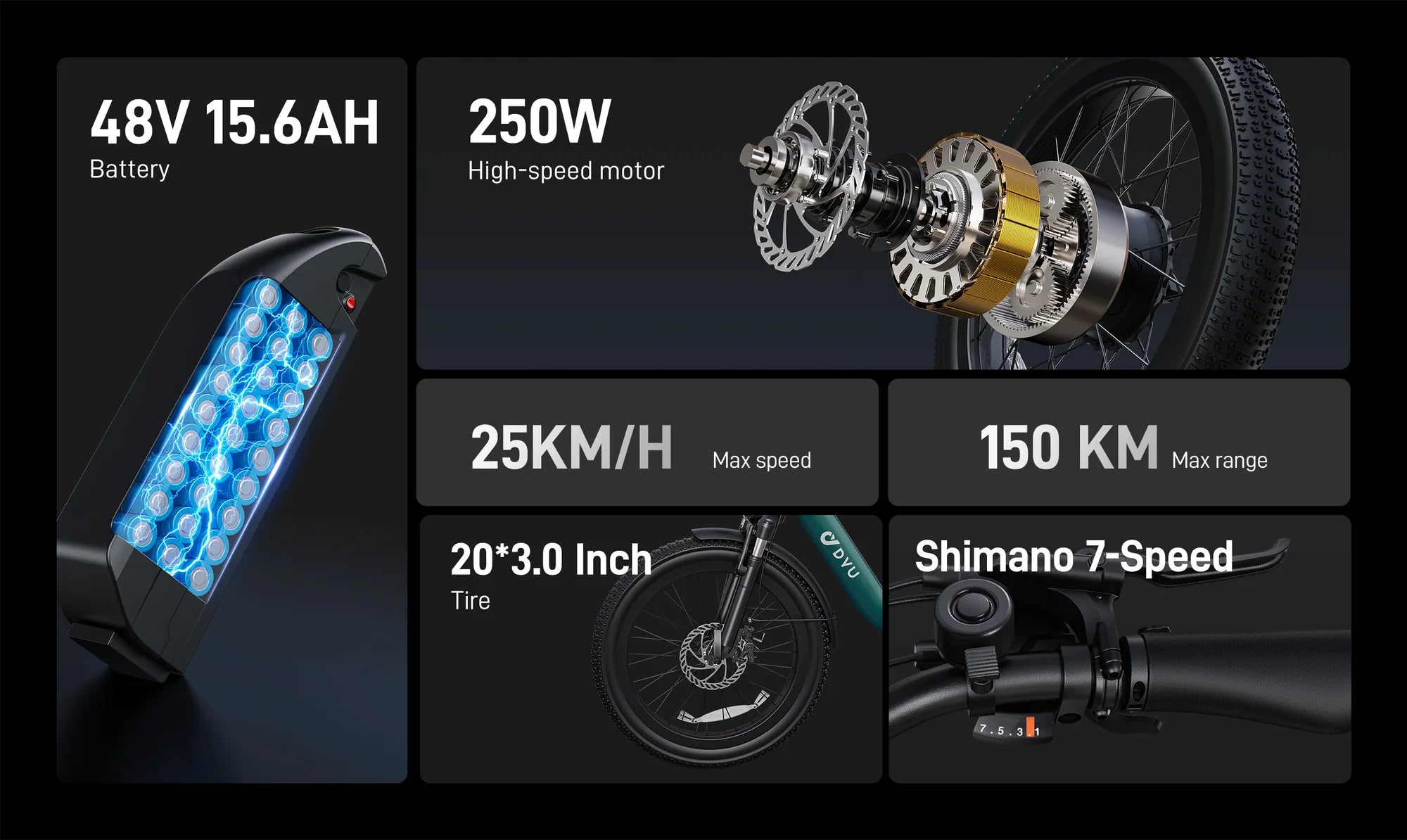 Technical specifications of a DYU C9 electric bike on a dark background
