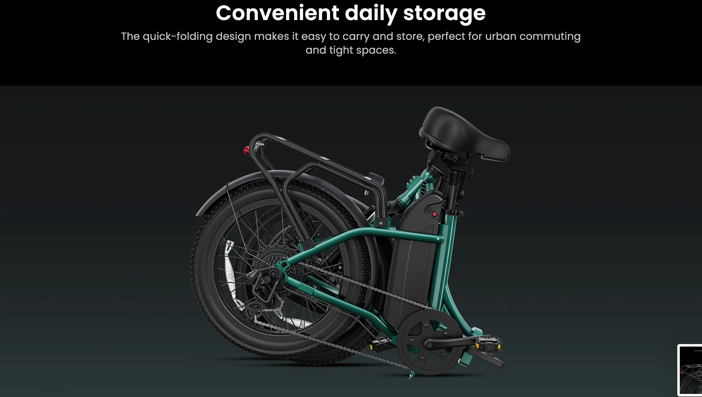 Foldable DYU C9 electric bike  on a dark background with text about convenience and storage.