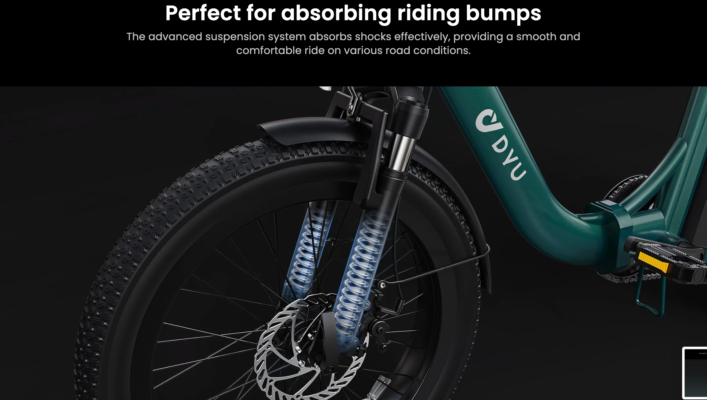 Close-up of a DYU C9 electric bike  suspension system with text highlighting its benefits on a dark background.