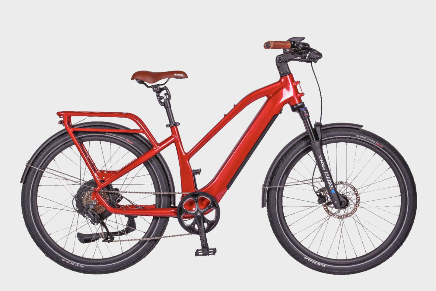 Red DAMAXED Electric City Commuter Lady Bike - Side view, featuring a brown saddle.