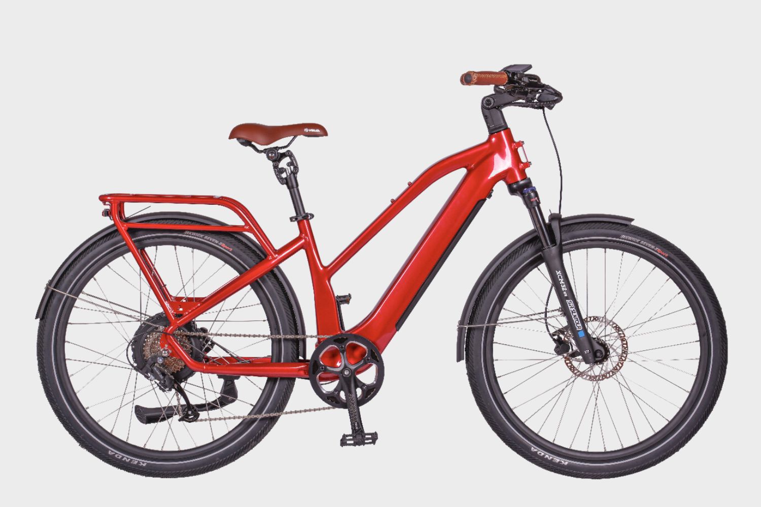 Red DAMAXED Electric City Commuter Lady Bike - Side view, featuring a brown saddle.