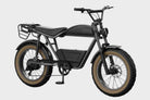Side view of DAMAXED Black electric fat tire bike with brown leather saddle, LG 48V15Ah battery, Bafang 750W motor. Top speed 29+ MPH, 45+ mile range.