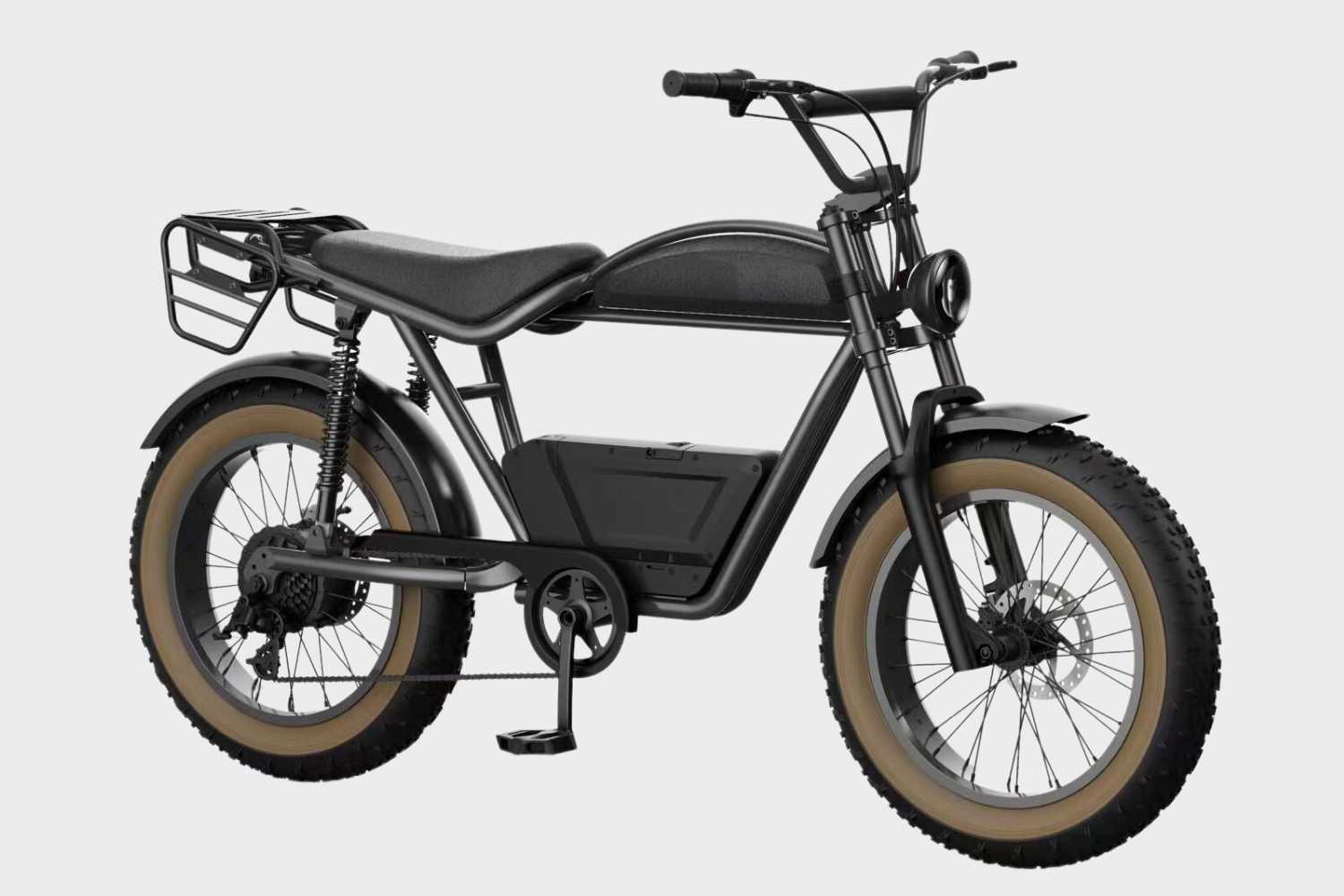 Side view of DAMAXED Black electric fat tire bike with brown leather saddle, LG 48V15Ah battery, Bafang 750W motor. Top speed 29+ MPH, 45+ mile range.