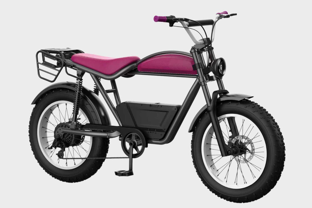 Side view of DAMAXED pink electric fat tire bike with brown leather saddle, LG 48V15Ah battery, Bafang 750W motor. Top speed 29+ MPH, 45+ mile range.