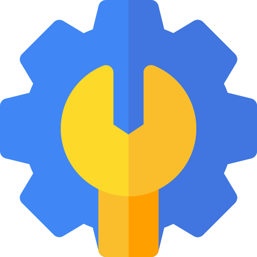 Icon of a blue gear with a yellow wrench inside on a white background