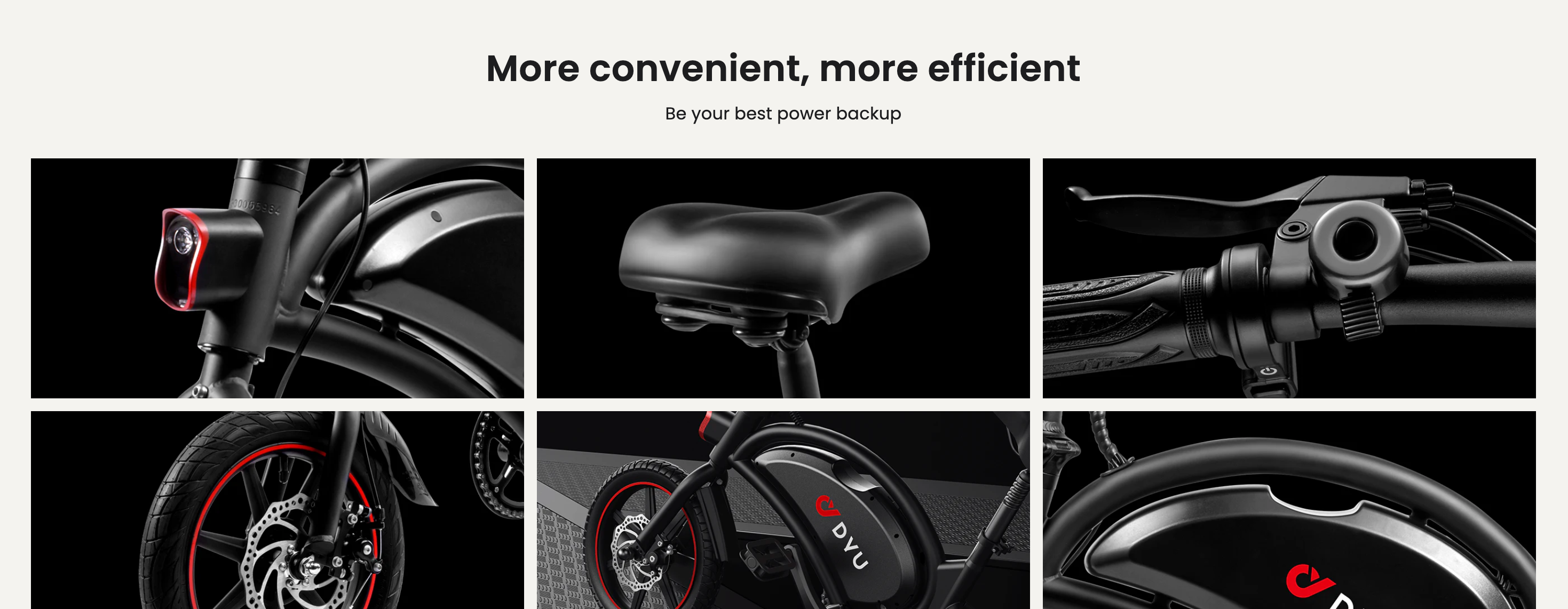 Collage of electric bike components with text 'More convenient, more efficient. Be your best power backup.'