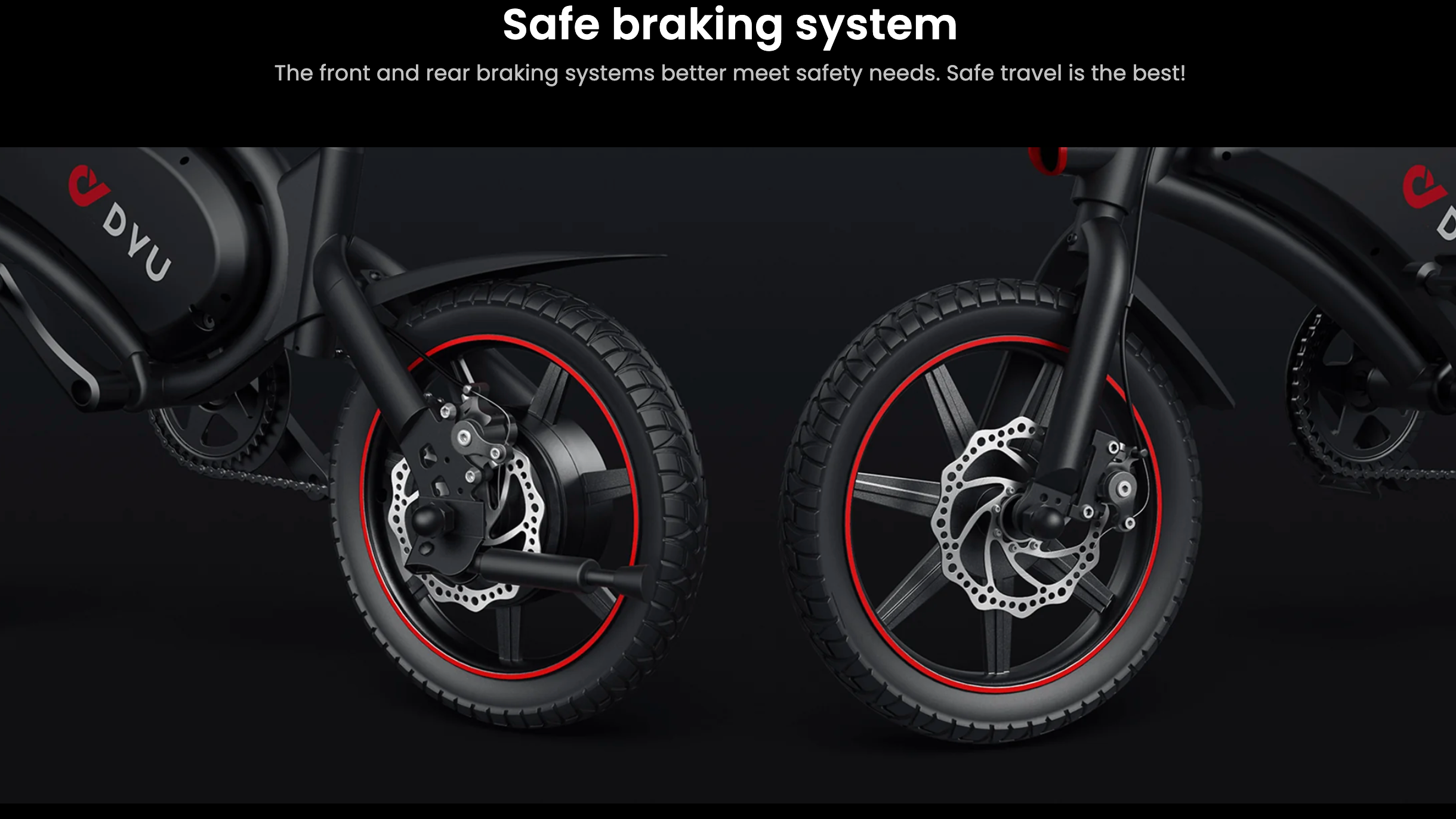 Two dyu d3f foldable electric bike wheels with braking systems on a black background, featuring the brand 'dYU'.