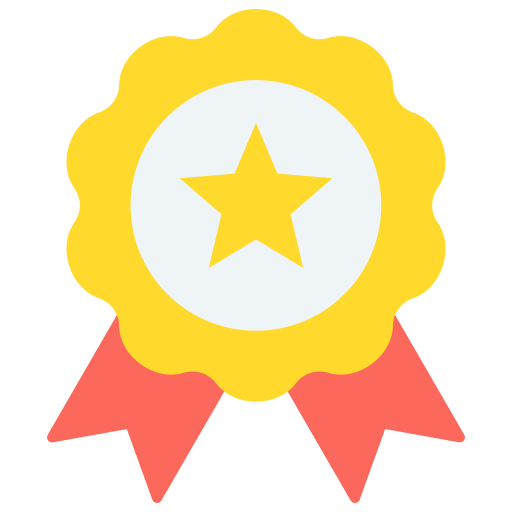 Award badge with yellow star and red ribbon on a white background