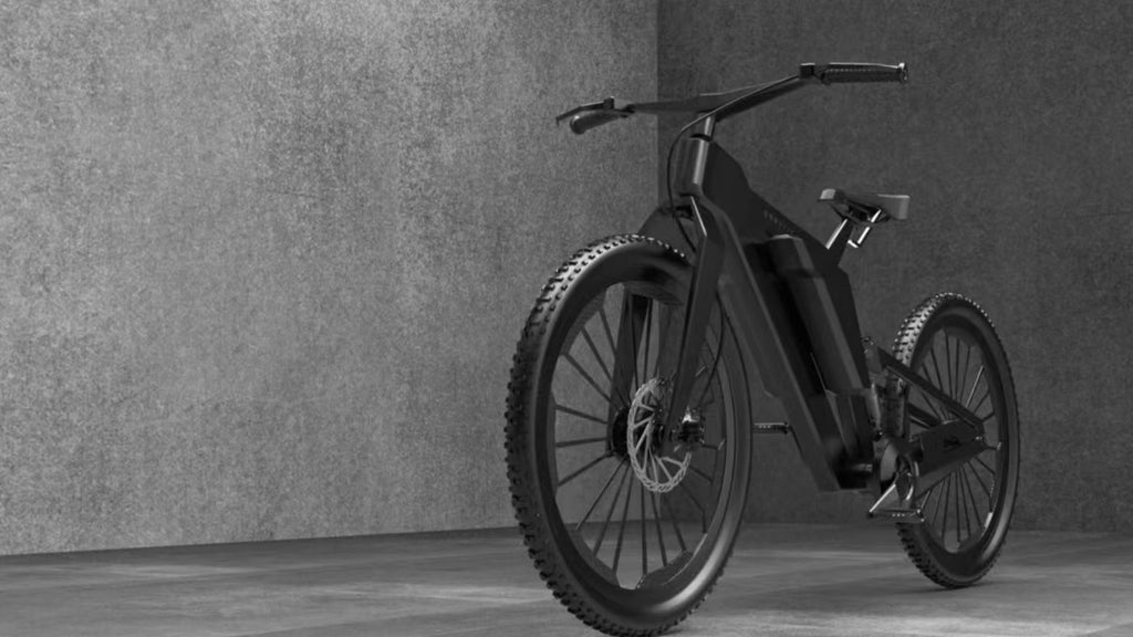 A black electric bike with unique design parked against a black background.