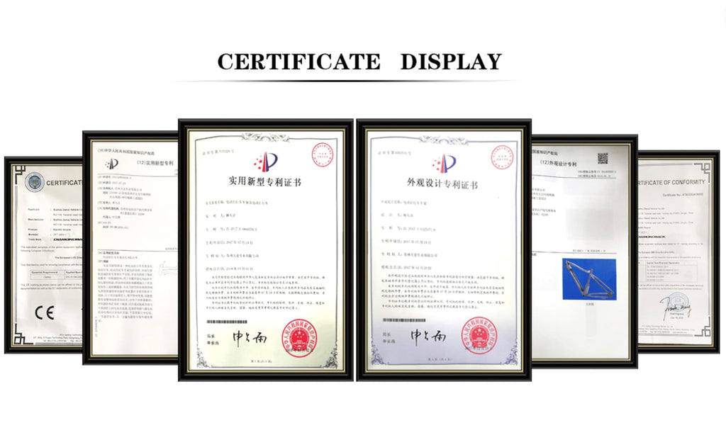 Five DAMAXED electric bike design patent certificates on display.