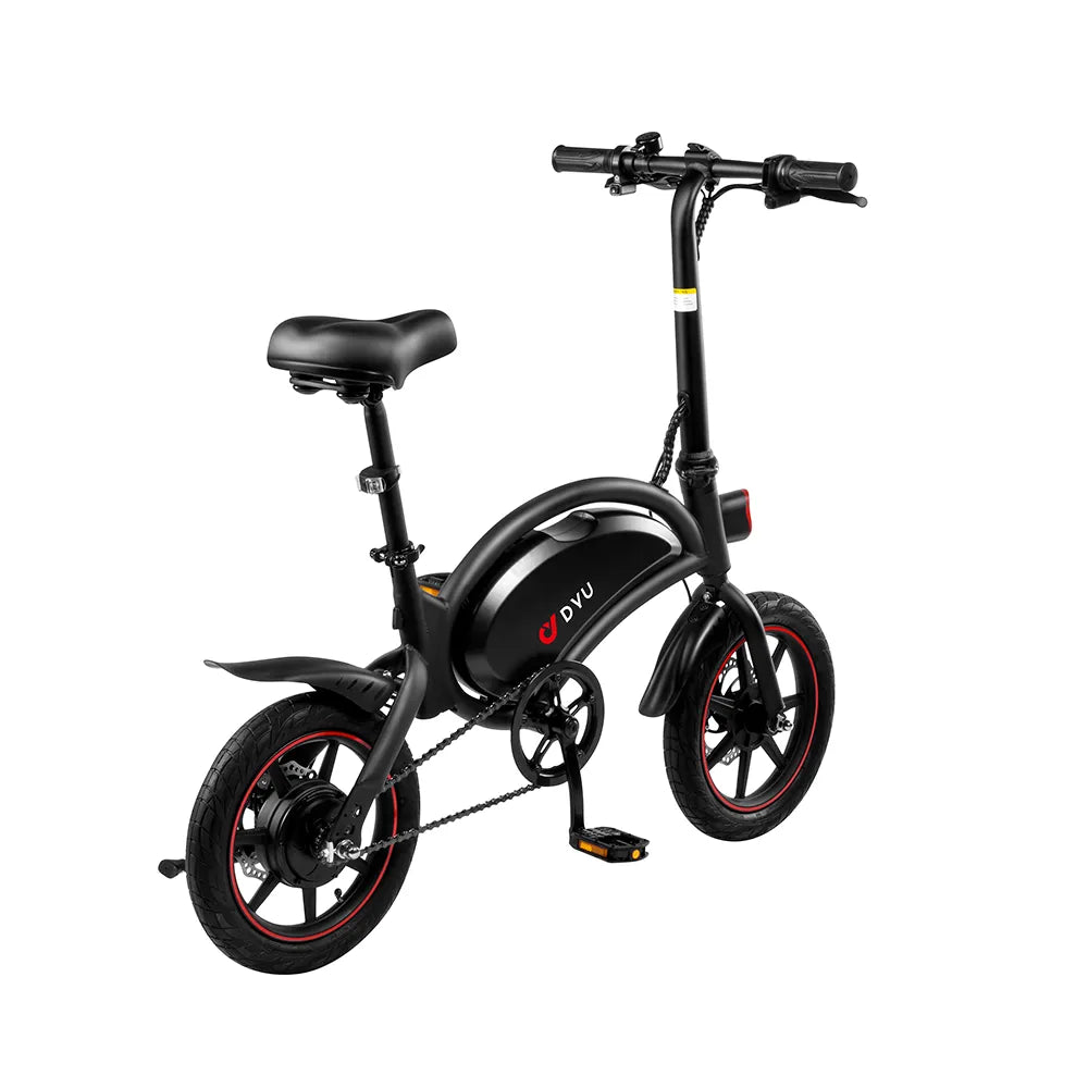 Black dyu d3f foldable electric bike with red rims on a white background