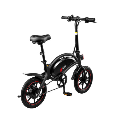 Black dyu d3f foldable electric bike with red rims on a white background