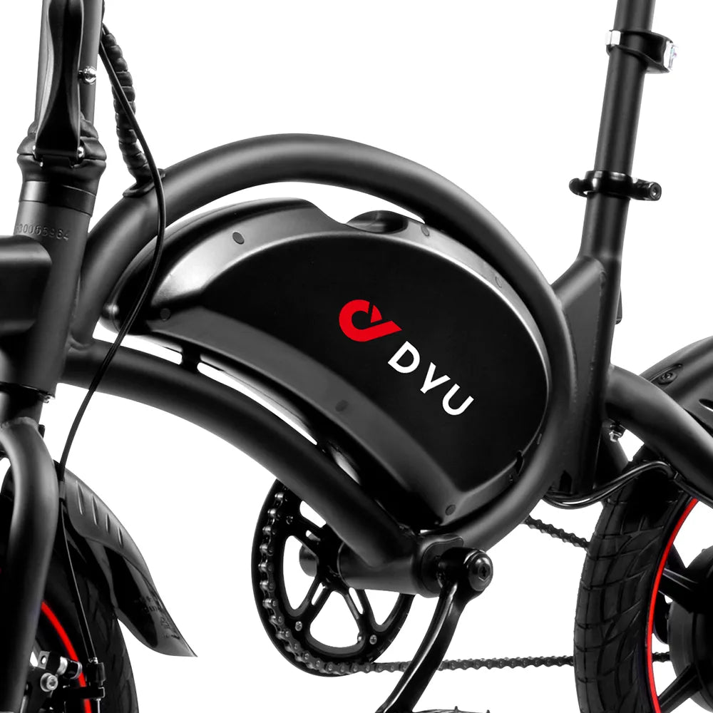 Black electric bike with DVU branding on a white background