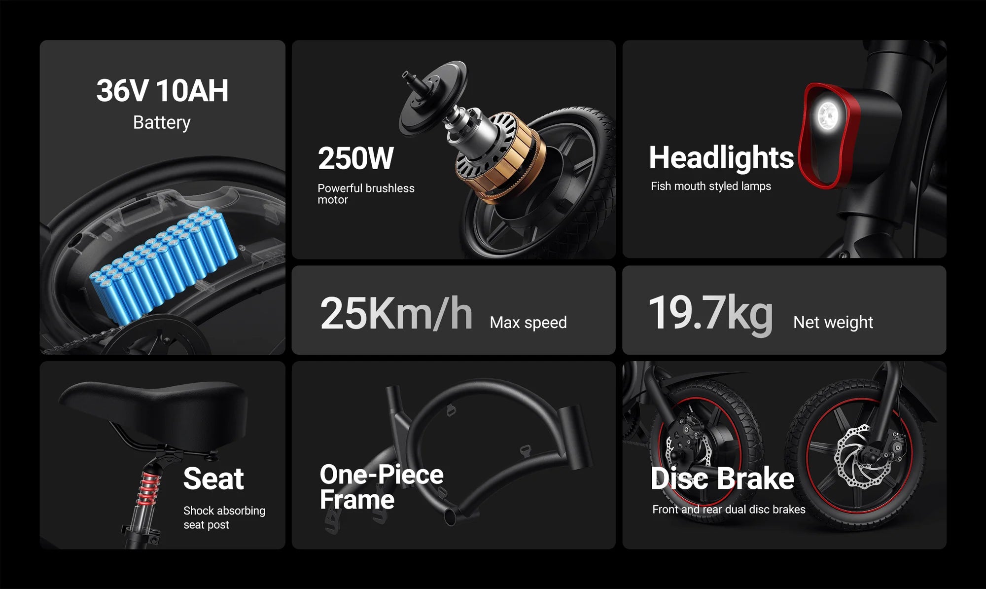 Product features of a dyu d3f foldable electric bike on a dark background