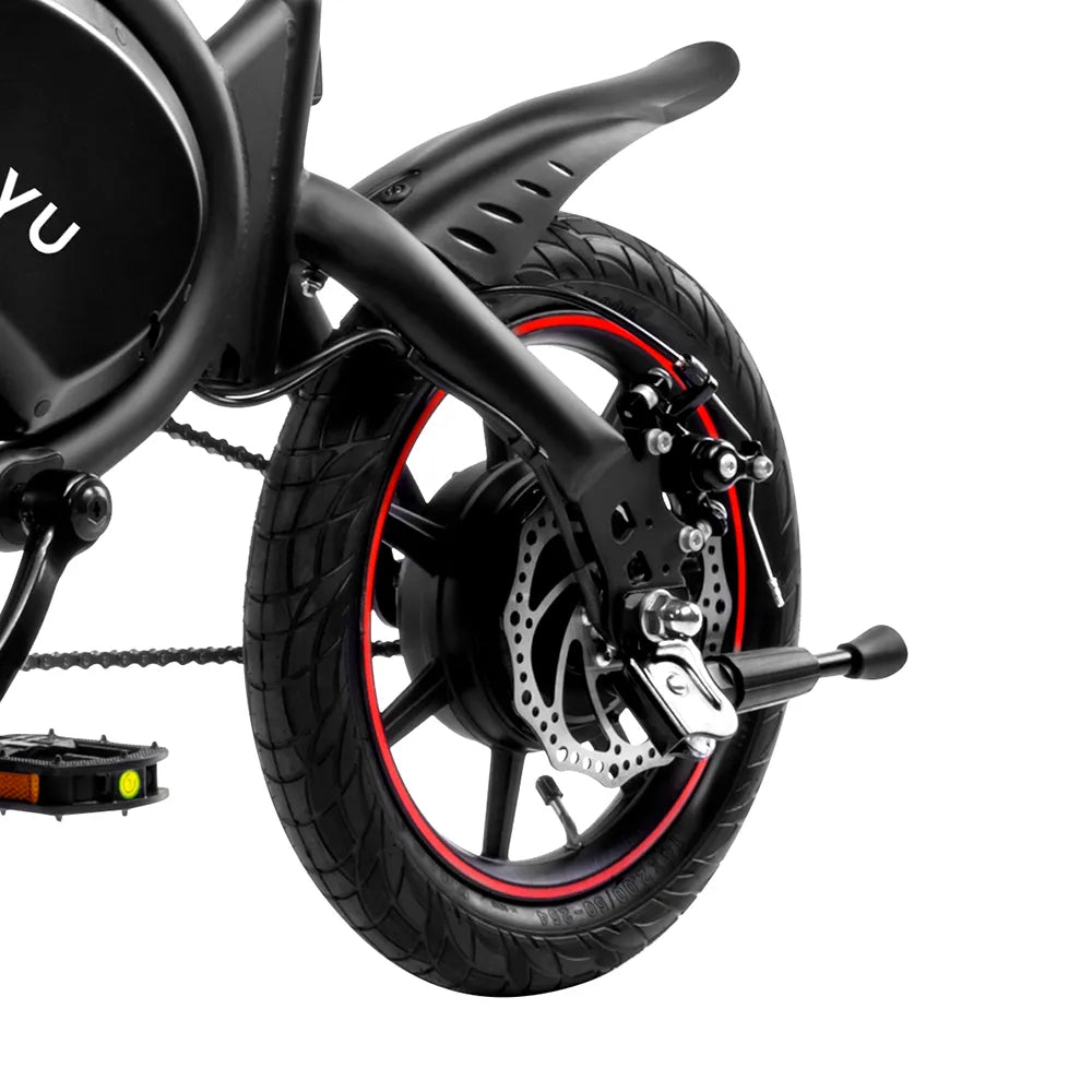 Close-up of a dyu d3f foldable electric bike wheel with red rim on a white background