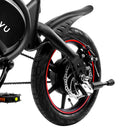 Close-up of a dyu d3f foldable electric bike wheel with red rim on a white background