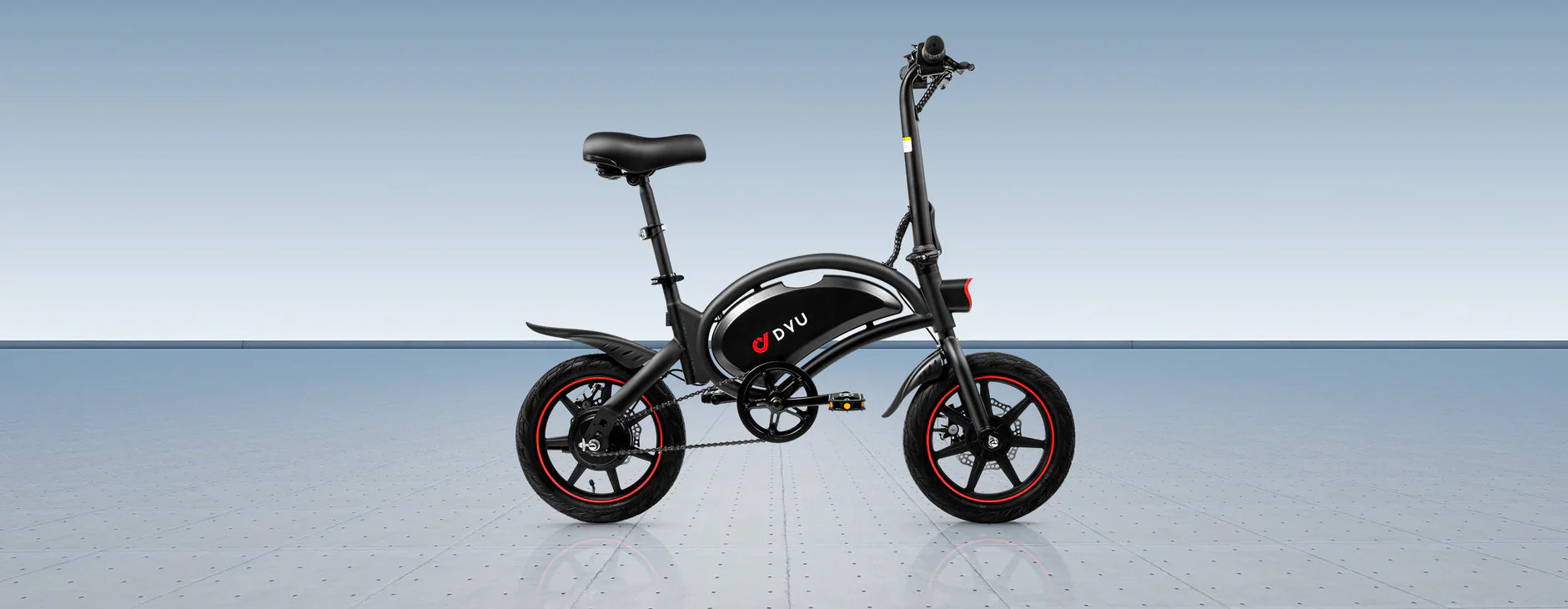 Black dyu d3f foldable electric bike on a blue gradient background