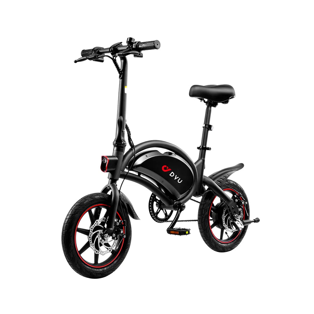 Black dyu d3f foldable electric bike with red accents on a white background