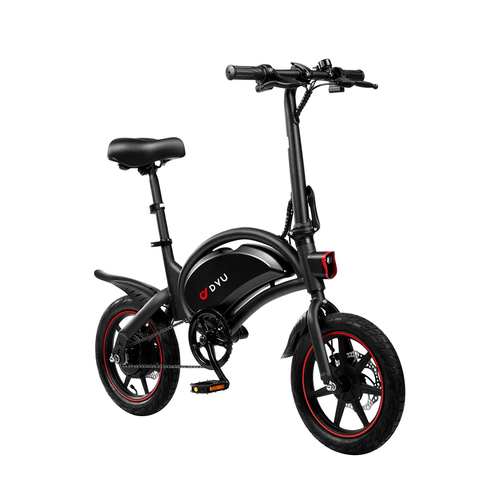 Black dyu d3f foldable electric bike  with red accents on a white background
