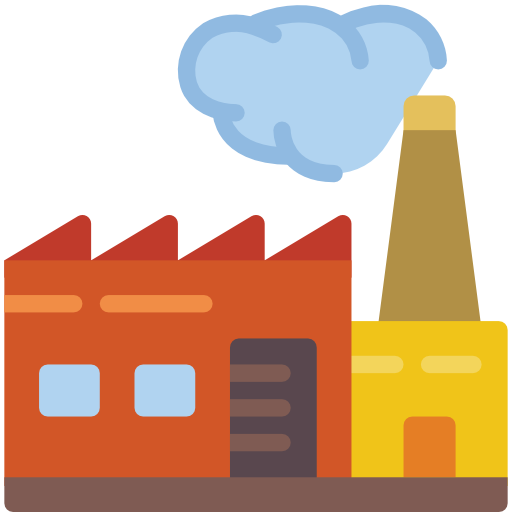 Colorful factory icon with smoke coming out of a chimney on a white background