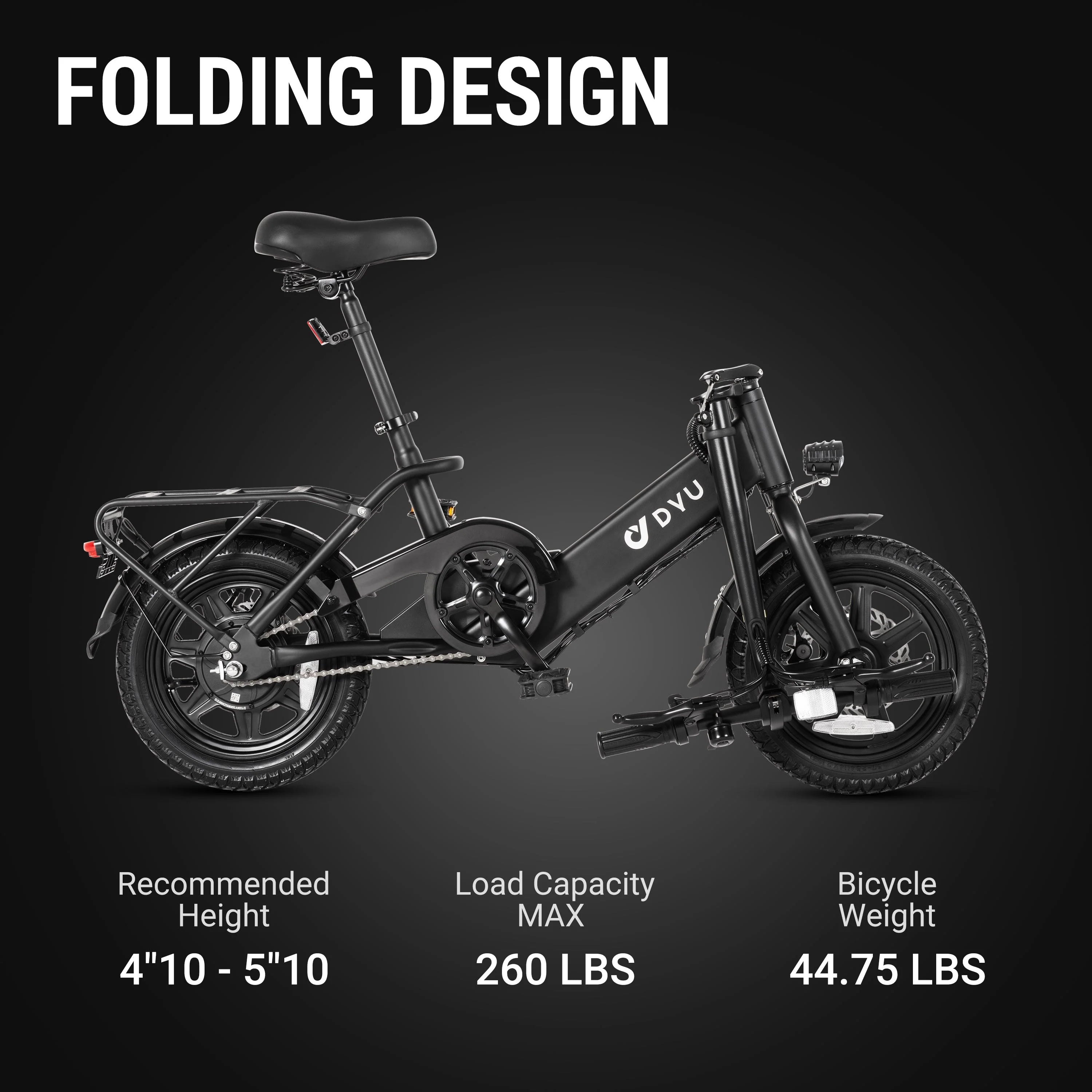 Folding C3 foldable electric bike with specifications on a dark background
