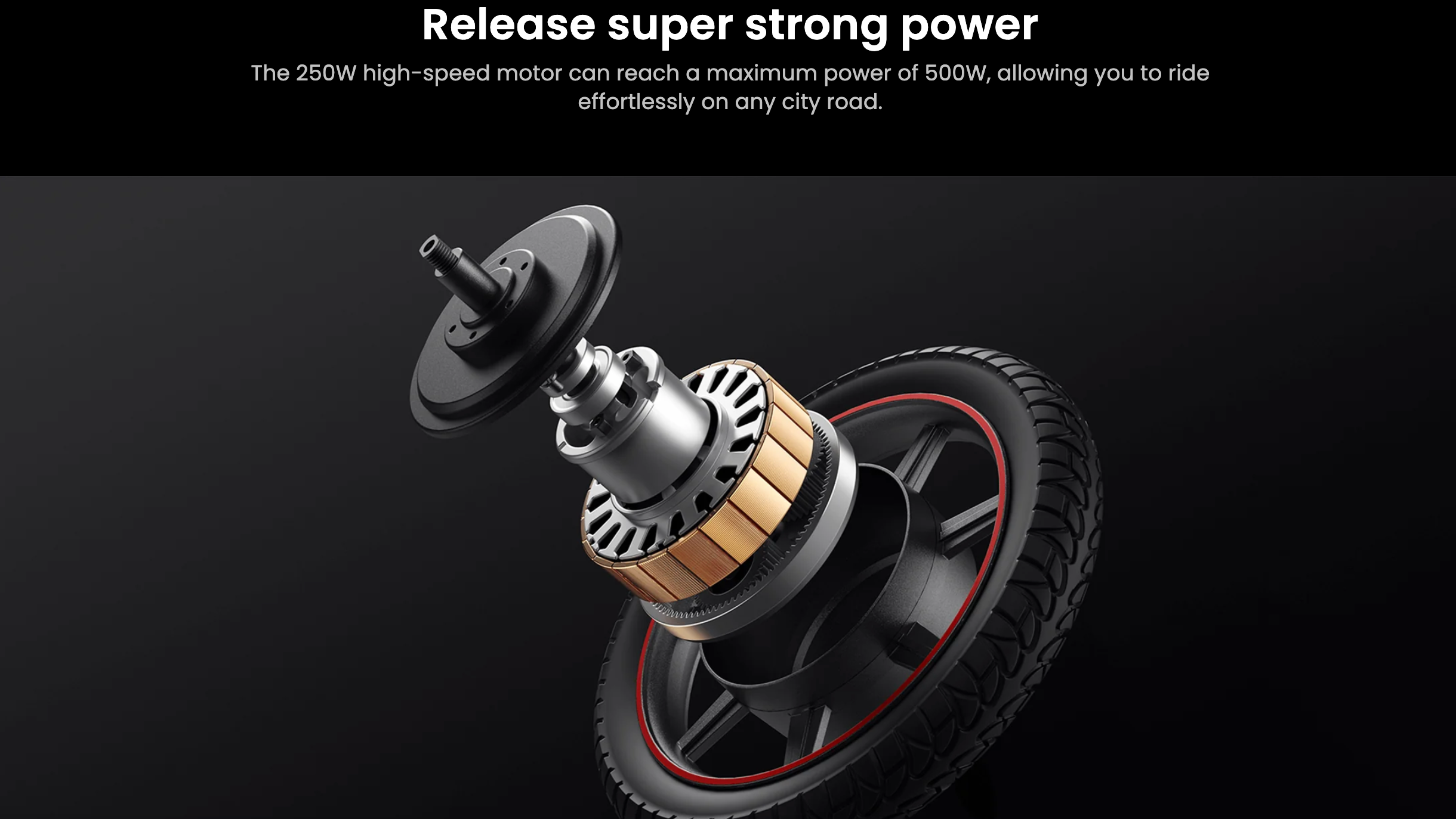 Motor wheel with text about power and speed on a black background