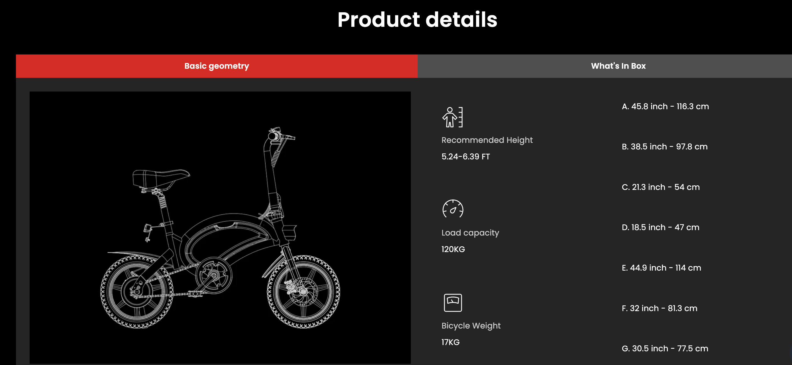 Product details of a dyu d3f foldable electric bike  with specifications on a black background