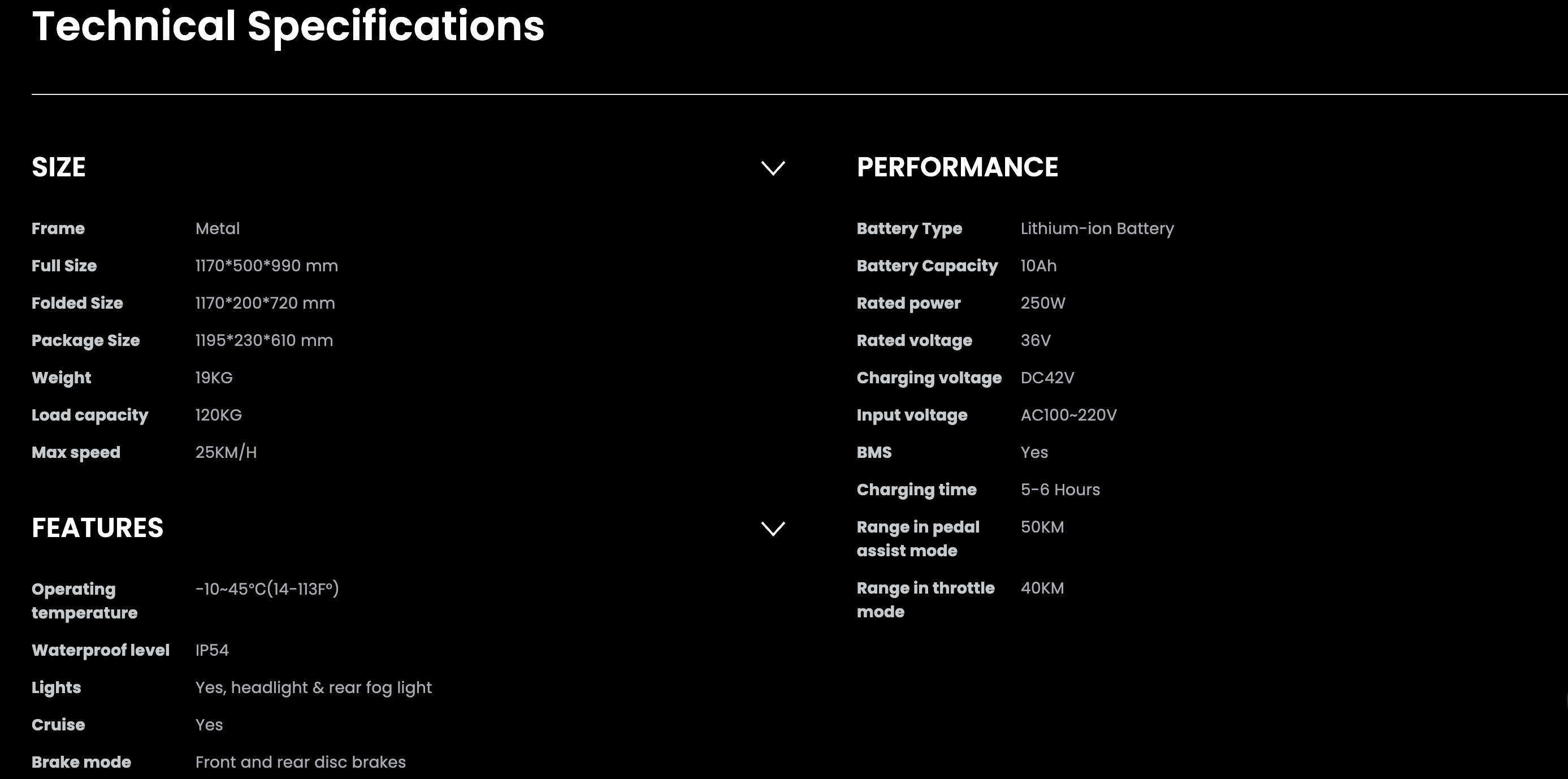 Technical specifications of a dyu d3f foldable electric bike displayed on a black background