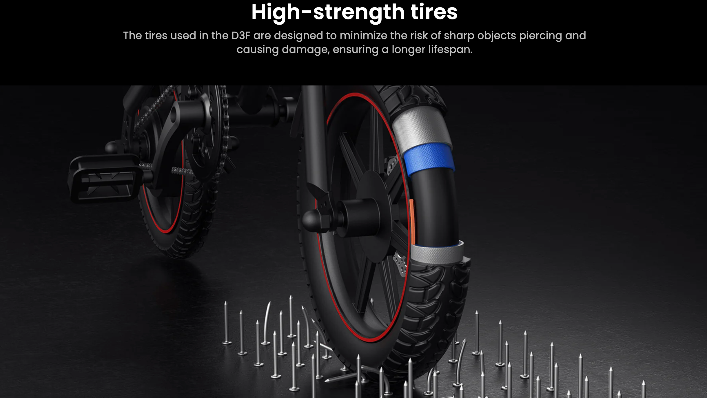 dyu d3f foldable electric bike with high-strength tires designed to minimize damage from sharp objects on a dark background.