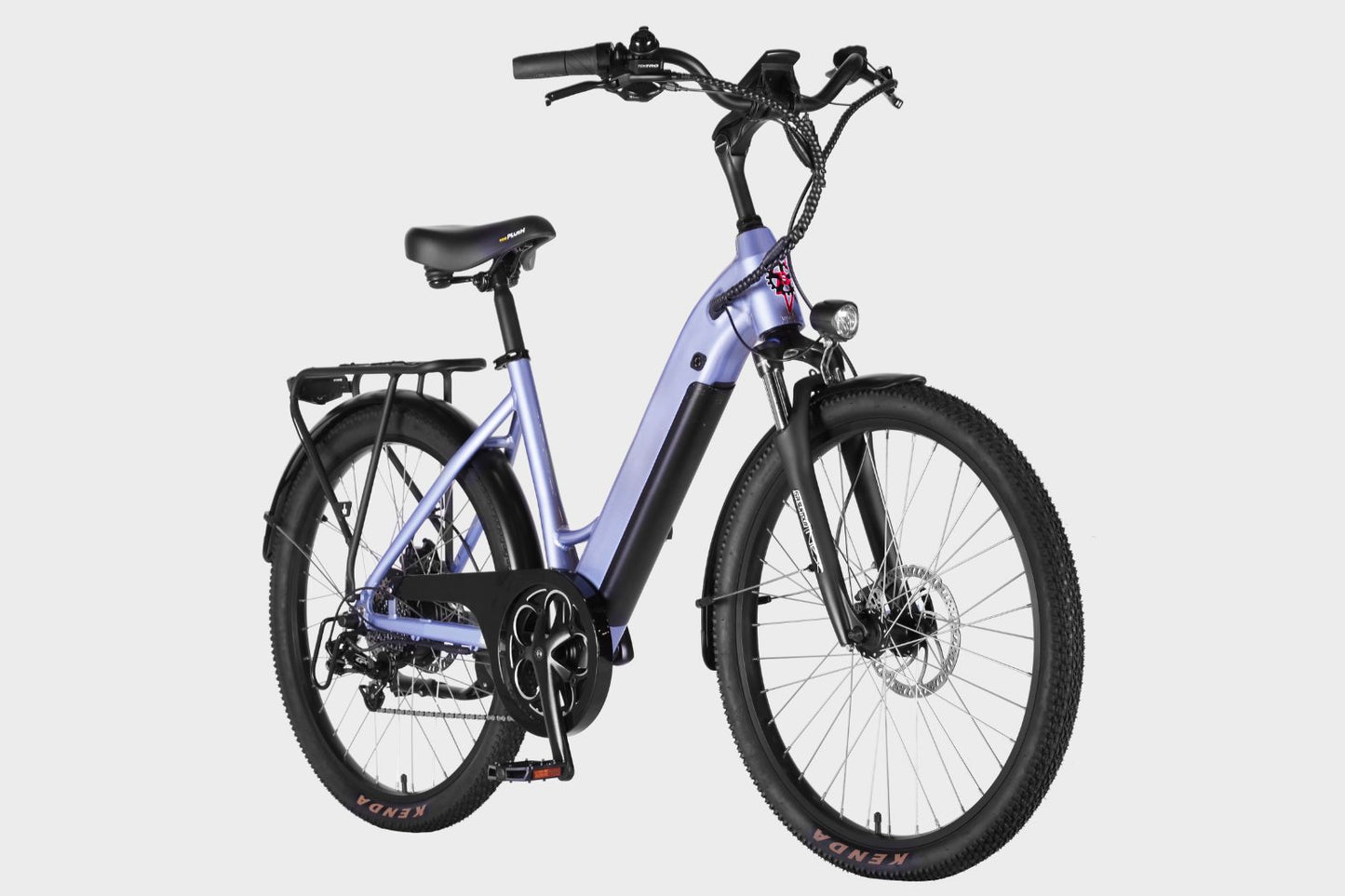 Purple DAMAXED electric city bike, 20+ mph, 45 mile range, LG 48V14Ah battery, Bafang 350W motor. 45-degree angle view. Ideal for daily commutes.
