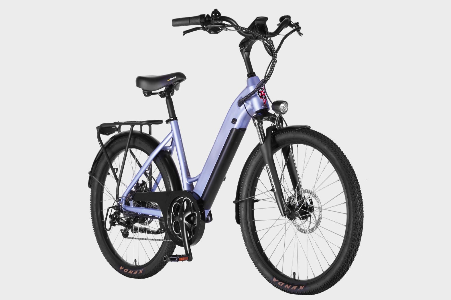 Purple DAMAXED electric city bike, 20+ mph, 45 mile range, LG 48V14Ah battery, Bafang 350W motor. 45-degree angle view. Ideal for daily commutes.