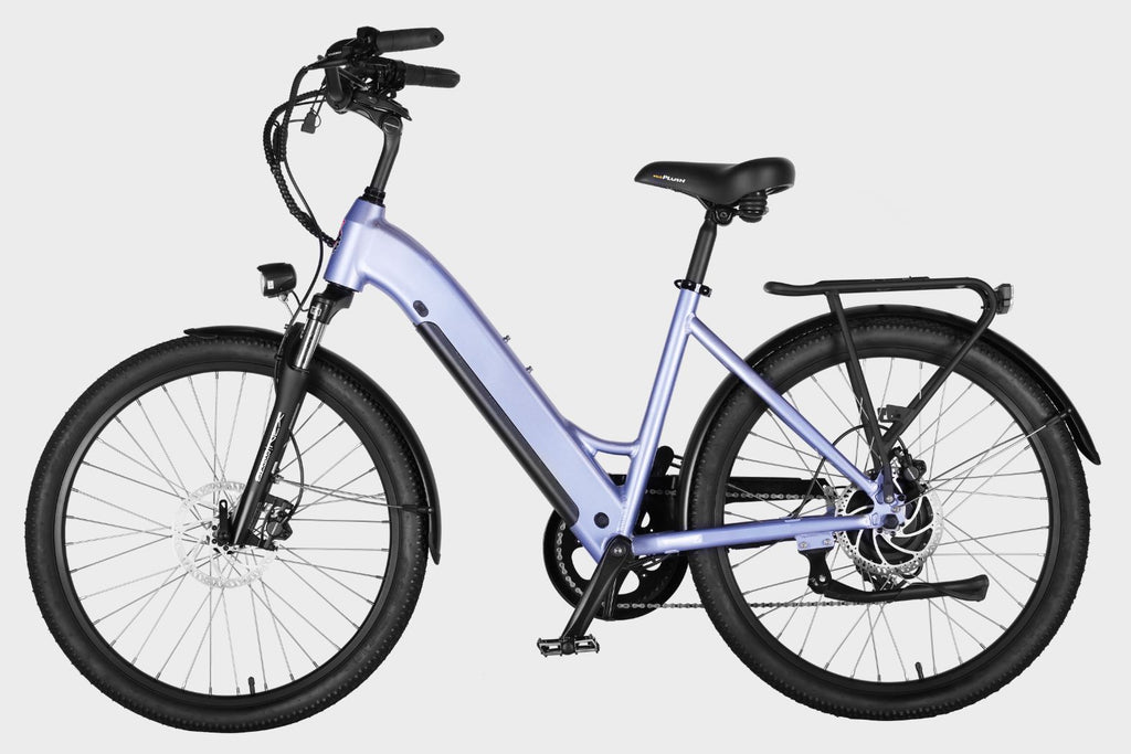 Side view of purple DAMAXED electric city bike, 20+ mph, 45 mile range, LG 48V14Ah battery, Bafang 350W motor. Ideal for daily commutes.