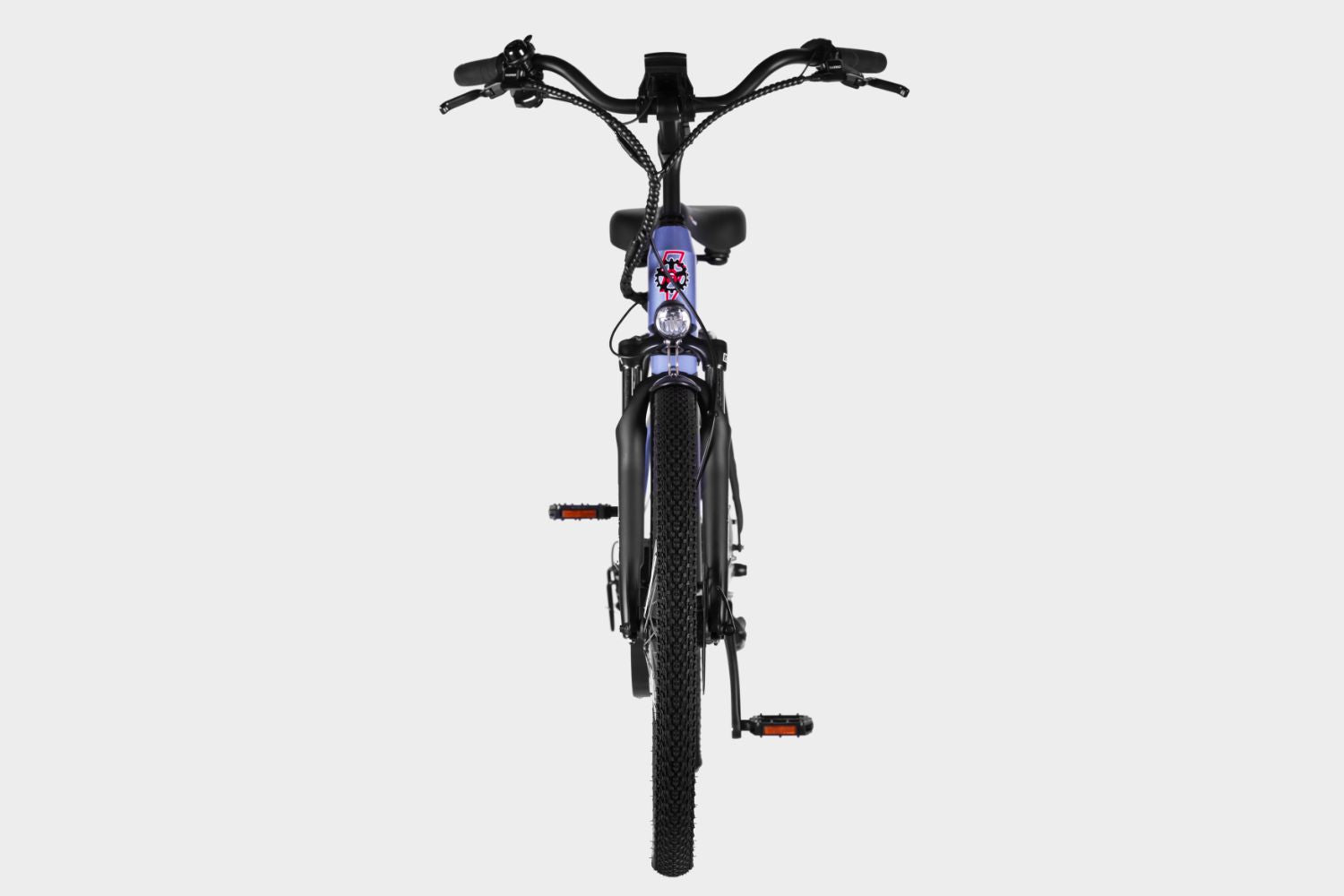 Purple DAMAXED electric city bike, 20+ mph, 45 mile range, LG 48V14Ah battery, Bafang 350W motor.  Ideal for daily commutes. Front view with angled handlebars and LCD display.
