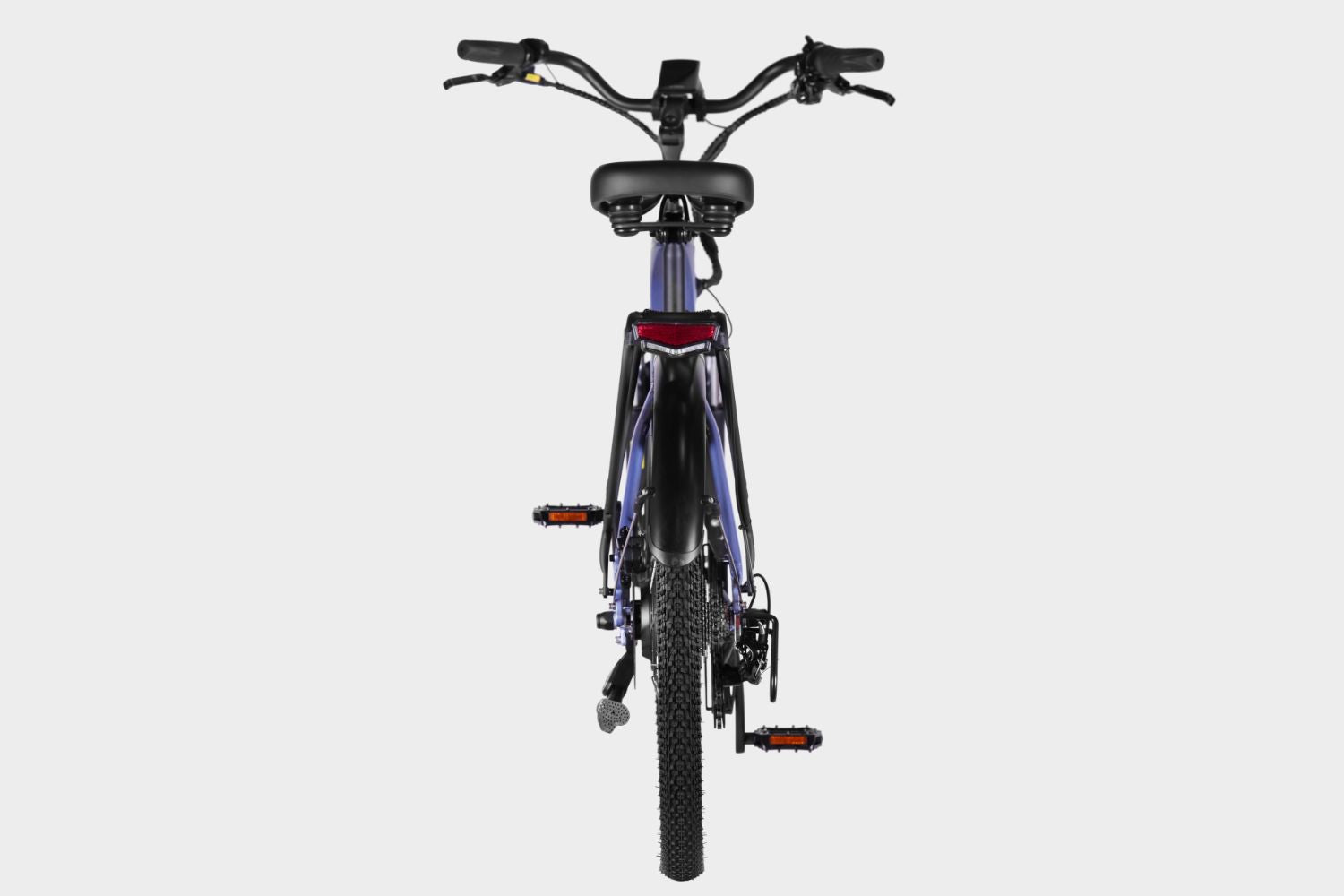 Purple DAMAXED electric city bike, 20+ mph, 45 mile range, LG 48V14Ah battery, Bafang 350W motor. Back view showing rear rack and fenders.