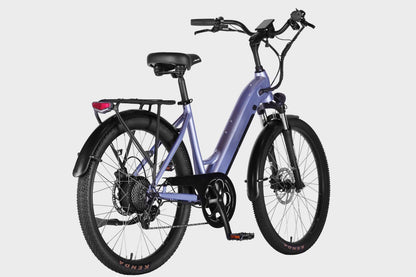 Purple DAMAXED electric city bike, 20+ mph, 45 mile range, LG 48V14Ah battery, Bafang 350W motor. 45-degree angle view. Ideal for daily commutes.