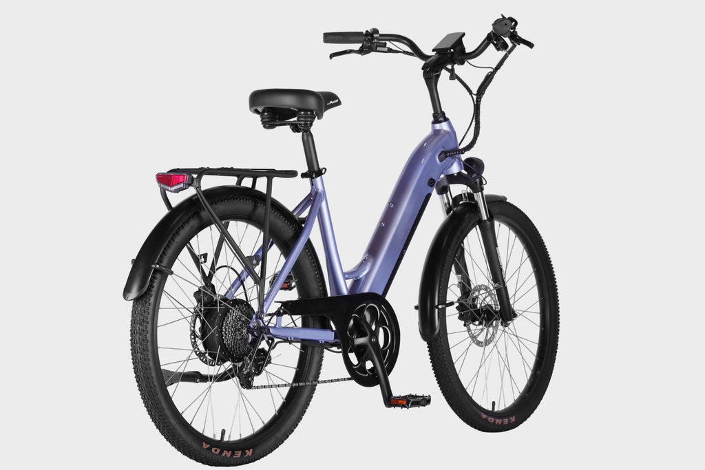 Purple DAMAXED electric city bike, 20+ mph, 45 mile range, LG 48V14Ah battery, Bafang 350W motor. 45-degree angle view. Ideal for daily commutes.