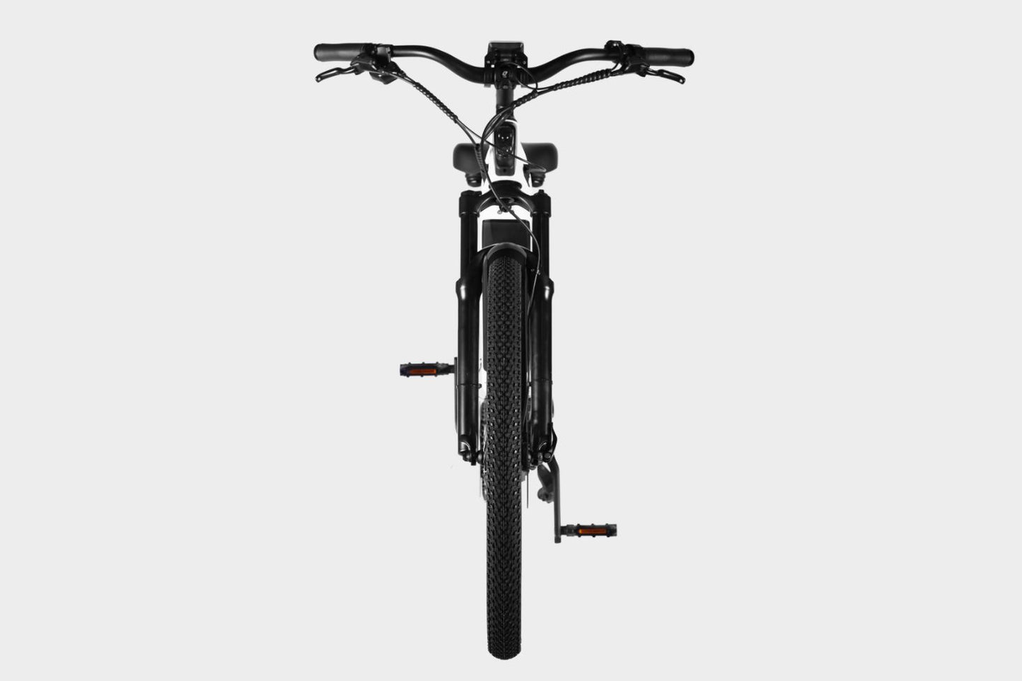White DAMAXED electric city bike, 9-speed, Ananda M100 motor, LG 48V14Ah battery. Front view with angled handlebars and LCD display.