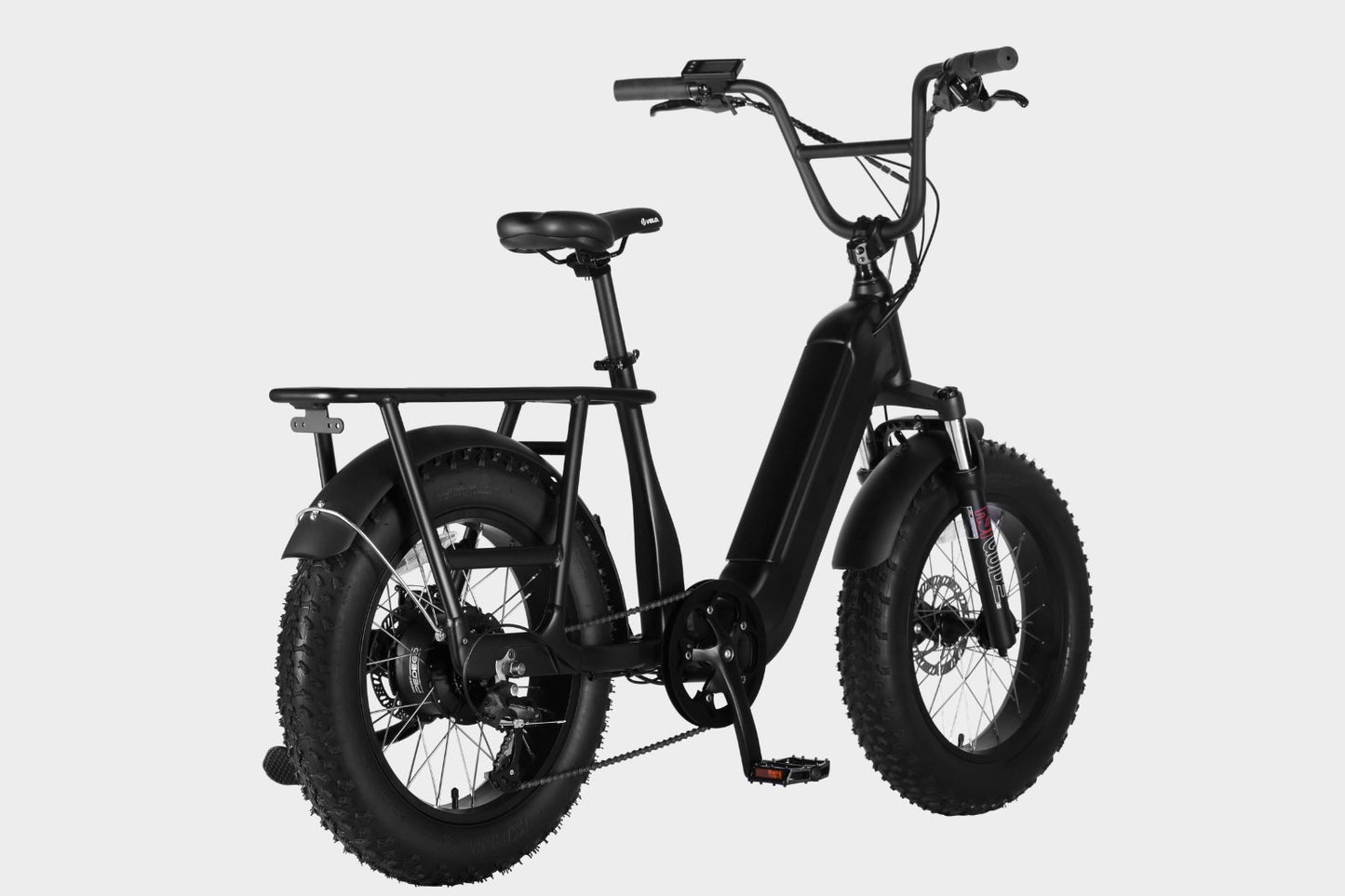 45-degree angle view of Black Samsung/LG 48V15Ah electric cargo fat tire bike with Bafang 500W motor and 45+ mile range. Ideal for effortless cargo transport.