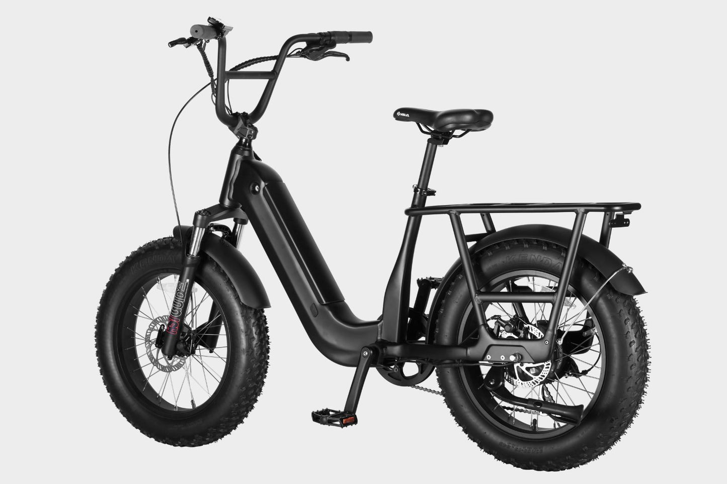 45-degree angle view of Black Samsung/LG 48V15Ah electric cargo fat tire bike with Bafang 500W motor and 45+ mile range. Ideal for effortless cargo transport.