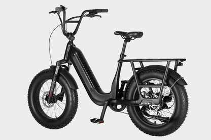 45-degree angle view of Black Samsung/LG 48V15Ah electric cargo fat tire bike with Bafang 500W motor and 45+ mile range. Ideal for effortless cargo transport.