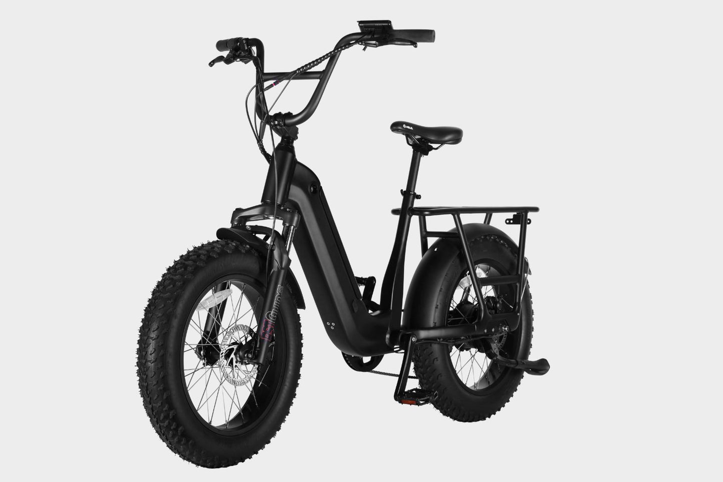 45-degree angle view of Black Samsung/LG 48V15Ah electric cargo fat tire bike with Bafang 500W motor and 45+ mile range. Ideal for effortless cargo transport.